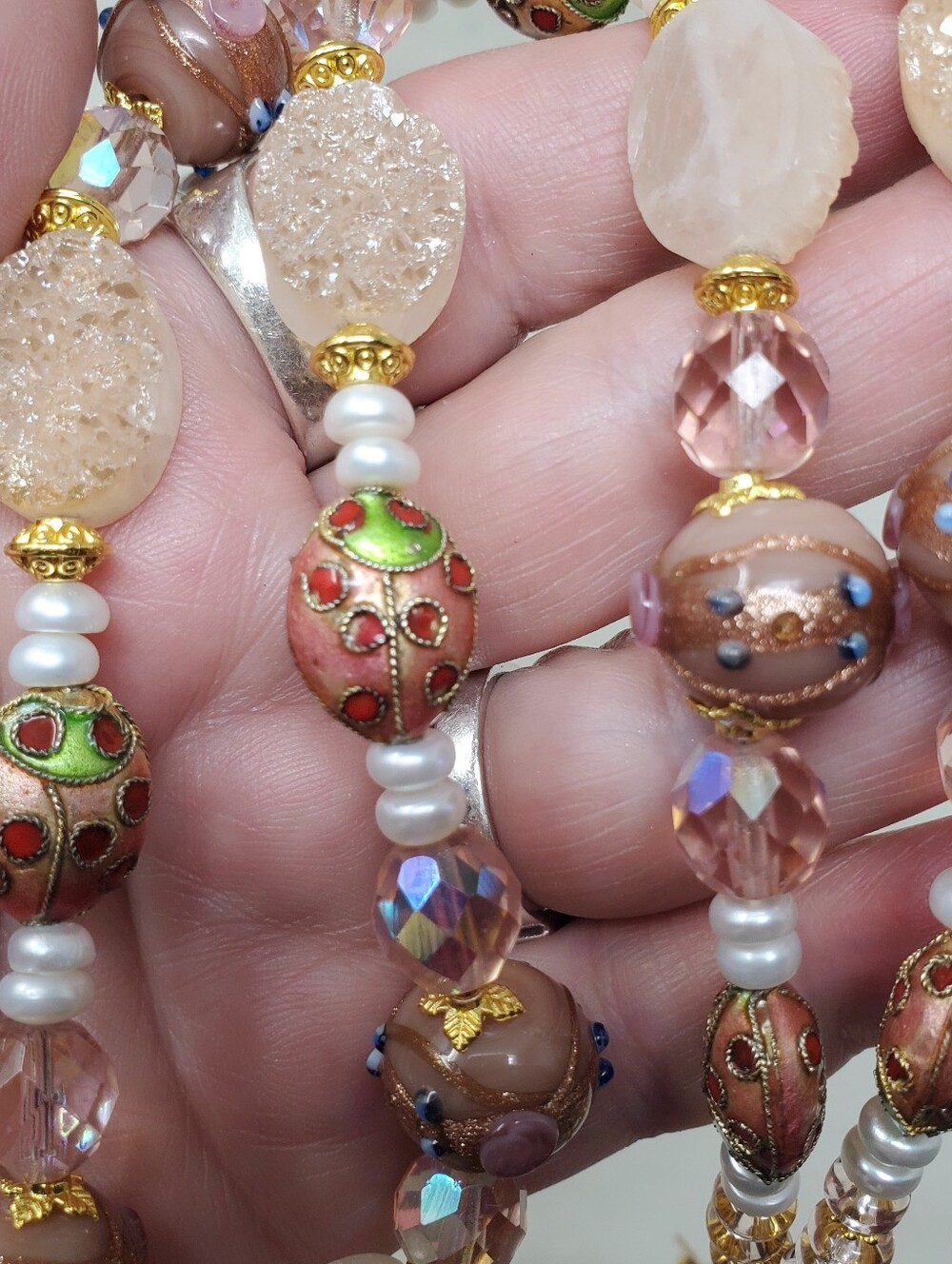 PINK & GREEN CLOISONNE DRUZY LADYBUG NECKLACE - Picture 3 of 8